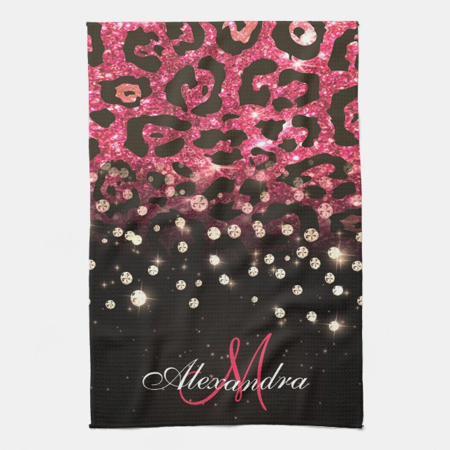Pink Glitzer Leopard Print und Diamonds Geschirrtuch (Vertikal)