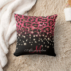 Pink Glitzer Leopard Print und Diamonds Kissen