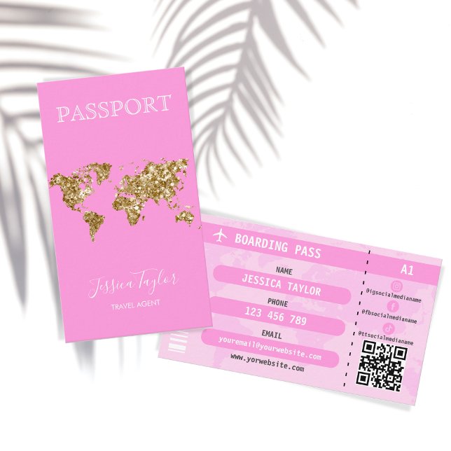 Pink Glitzer Pass World Map Boarding Pass Visitenkarte (Von Creator hochgeladen)