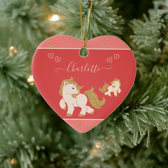 Pink Glitzer Ponies w Name Little Girl Keramik Ornament (Baum)