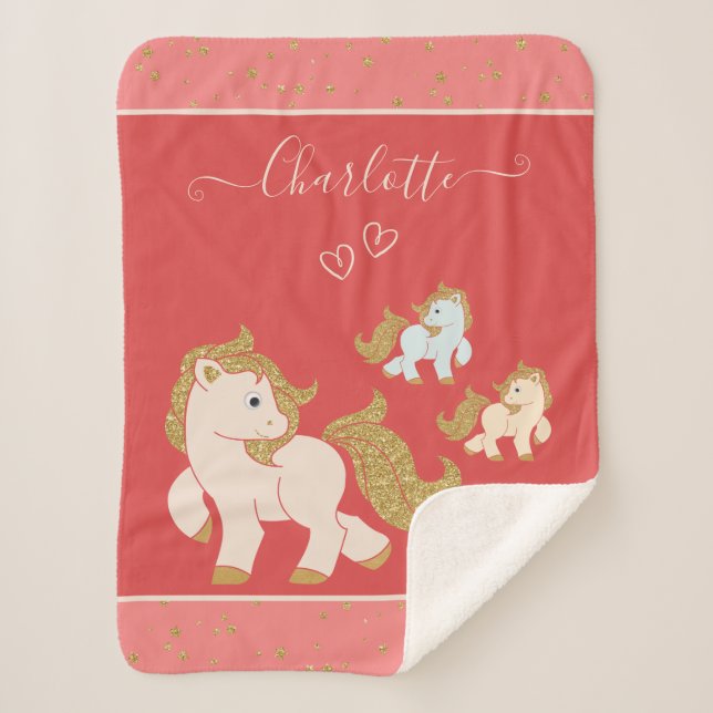 Pink Glitzer Ponys mit Vorname Baby Girl Sherpadecke (Vorderseite)