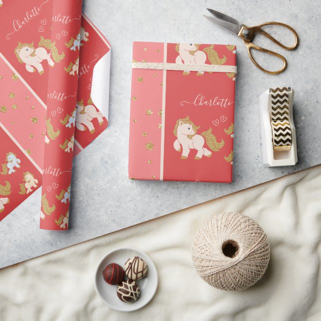 Pink Glitzer Ponys mit Vorname Little Girl Geschenkpapier (Kunsthandwerk)
