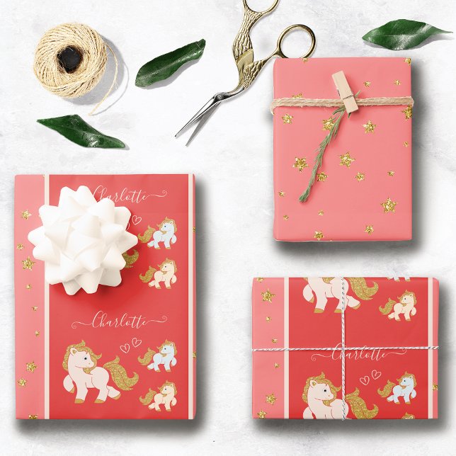 Pink Glitzer Ponys mit Vorname Little Girl Geschenkpapier Set (Von Creator hochgeladen)