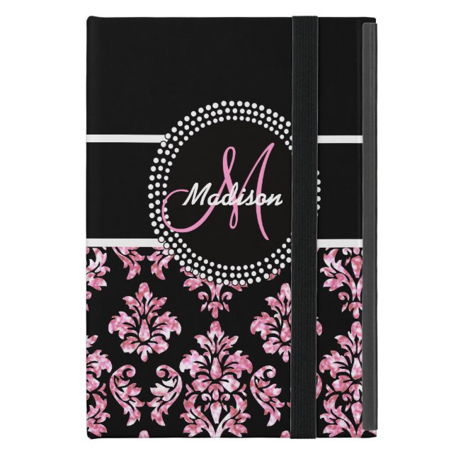 PINK GLITZER SCHWARZ DAMASK IHR MONOGRAMM SCHUTZHÜLLE FÜRS iPad MINI (Vorderseite Geschlossen)