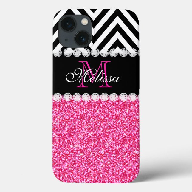 PINK GLITZER SCHWARZ ZICKZACK MONOGRAMM Case-Mate iPhone HÜLLE (Rückseite)