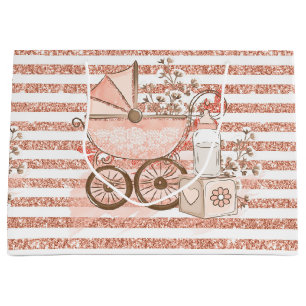 PINK GLITZER SEHEN BABY GIRL PRAM & BLUME GROßE GESCHENKTÜTE