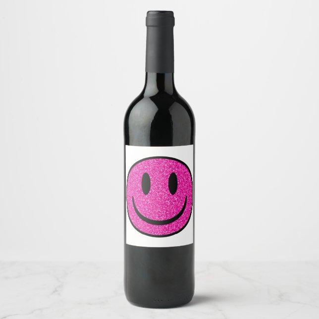 Pink Glitzer Smile Face Weinetikett (Vorderseite)