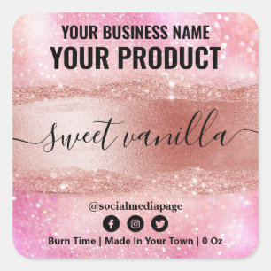Pink Glitzer Soy Candle Labels Quadratischer Aufkleber