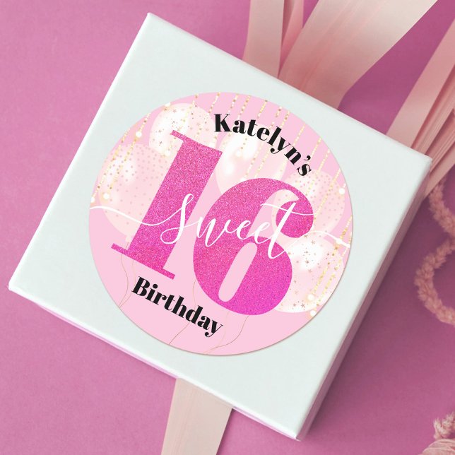 Pink Glitzer Sweet 16 Birthday Balloons Script Runder Aufkleber (Von Creator hochgeladen)