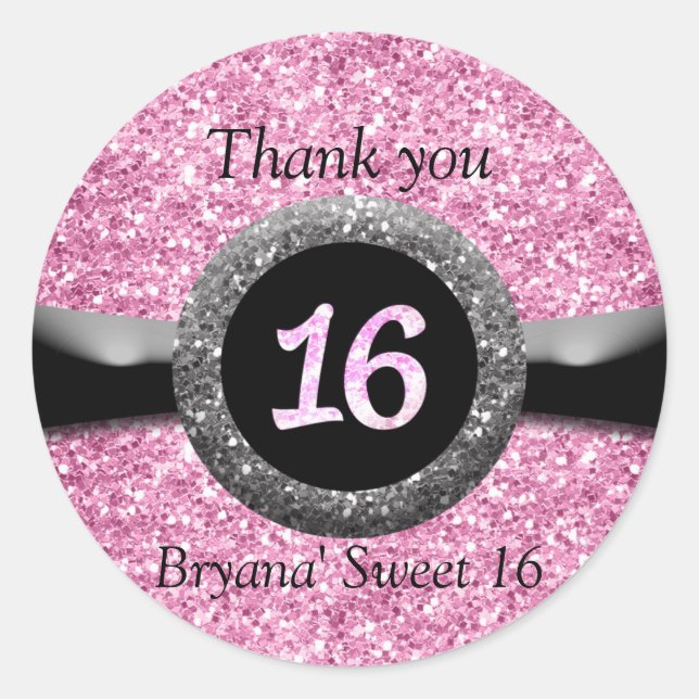 Pink Glitzer Sweet 16 Geburtstagsparty Gunst Stick Runder Aufkleber (Vorderseite)