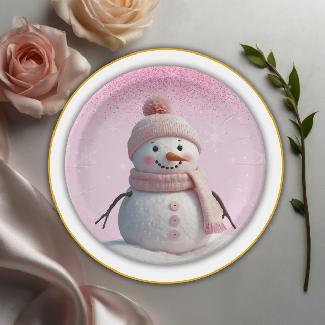 Pink Glitzer Winter Snowman Babydusche Pappteller (Von Creator hochgeladen)