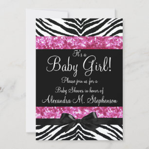 Pink Glitzer Zebra Bow Baby Shower Girl Einladung