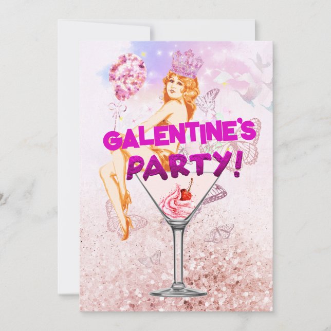 Pink Glitzy Glamour Galentine's Day Party Karte (Vorderseite)