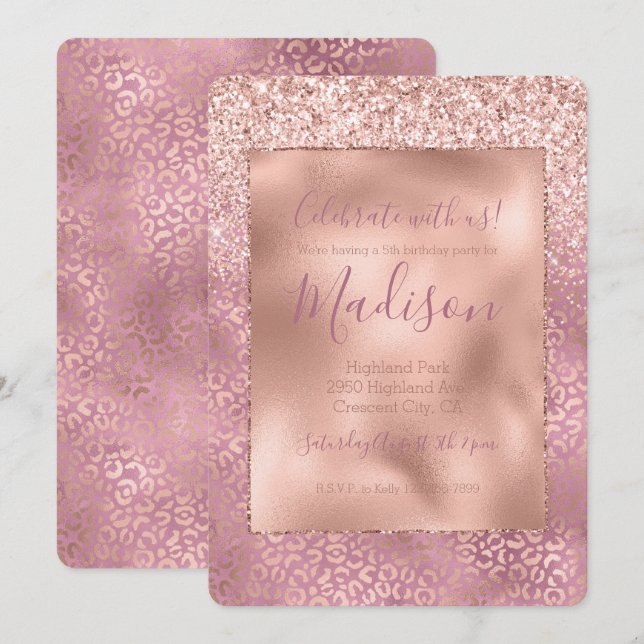 Pink Glitzy Glitzer Leopard Print Einladung (Vorne/Hinten)