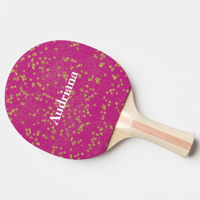 Pink Glitzy Gold Sparkle Confetti Dots Tischtennis Schläger (Seitenansicht)