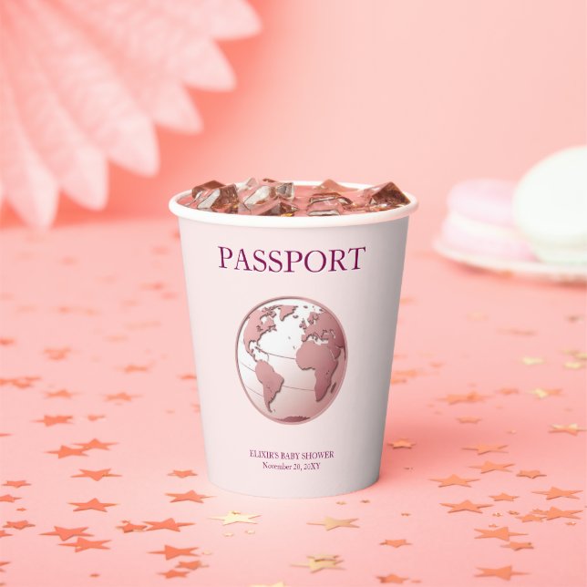 Pink Globe Passport Travel Baby Shower Pappbecher (Insitu)
