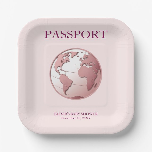 Pink Globe Passport Travel Baby Shower Pappteller (Vorderseite)