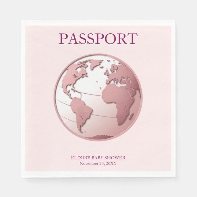Pink Globe Passport Travel Baby Shower Serviette (Vorderseite)