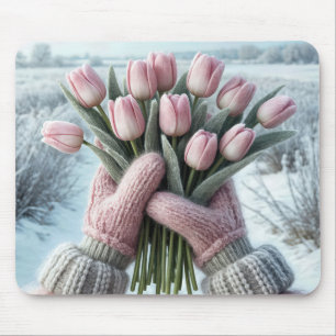 Pink Gloves Holding a Tulip Bouquet Mousepad
