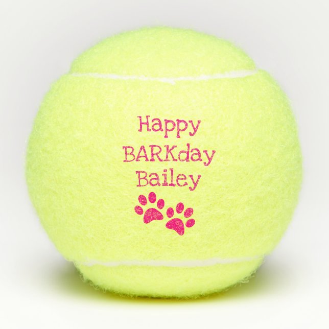 Pink glückliches Barkday Tennisbälle (Vorderseite)