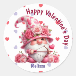Pink Gnome Valentine Cupid Runder Aufkleber