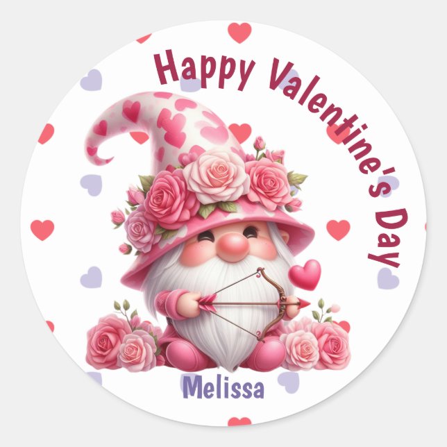 Pink Gnome Valentine Cupid Runder Aufkleber (Vorderseite)