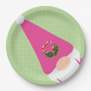 Pink gnome Weihnachten Grün Schachbrett Spaß festl Pappteller