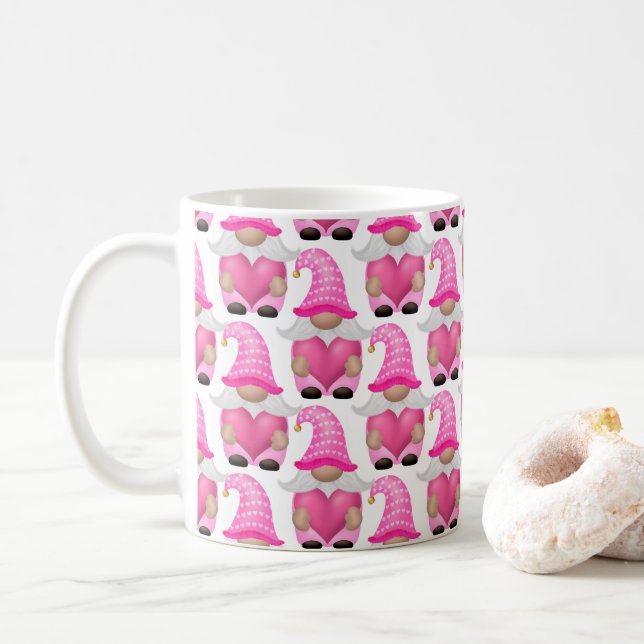 Pink Gnomes Hearts Woodland Skandinavien Niedlich Kaffeetasse (Mit Donut)
