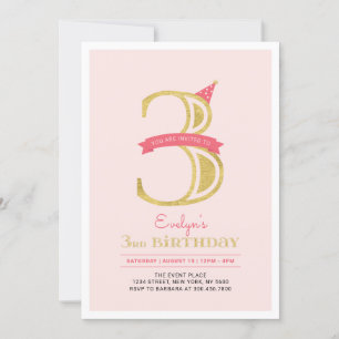 Pink & Gold 3. Geburtstagsfeier für Mädchen Einladung