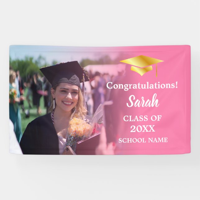 Pink | Gold Abschluss Custom Foto Class of 2025 Banner (Horizontal)