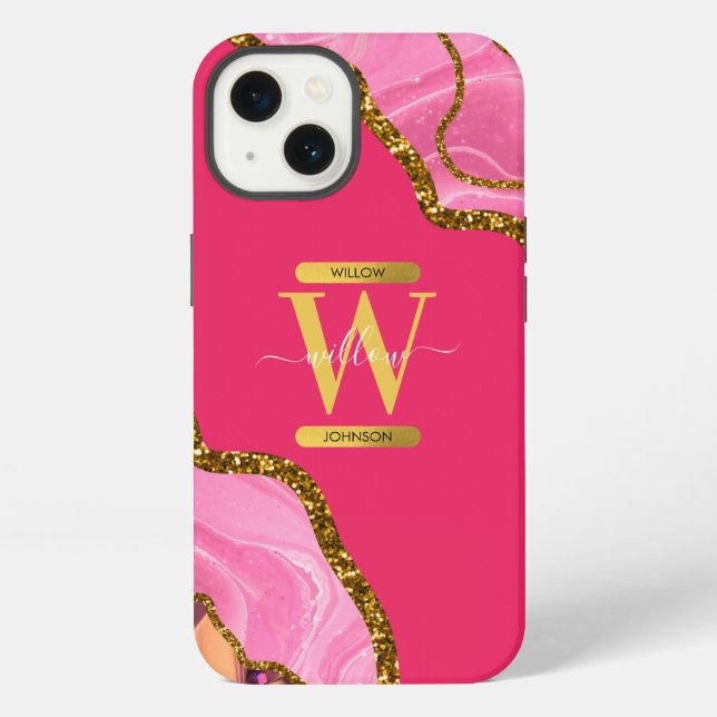 Pink & Gold Achat Geode Monogramm  iPhone Hülle (Rückseite)