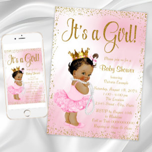 Pink Gold African American Princess Baby Dusche Einladung