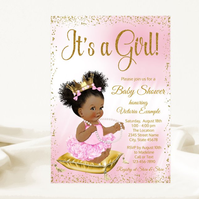 Pink Gold African American Princess Baby Dusche Einladung (Adorable pink and gold princess baby shower invitation. Simply add your event details.)