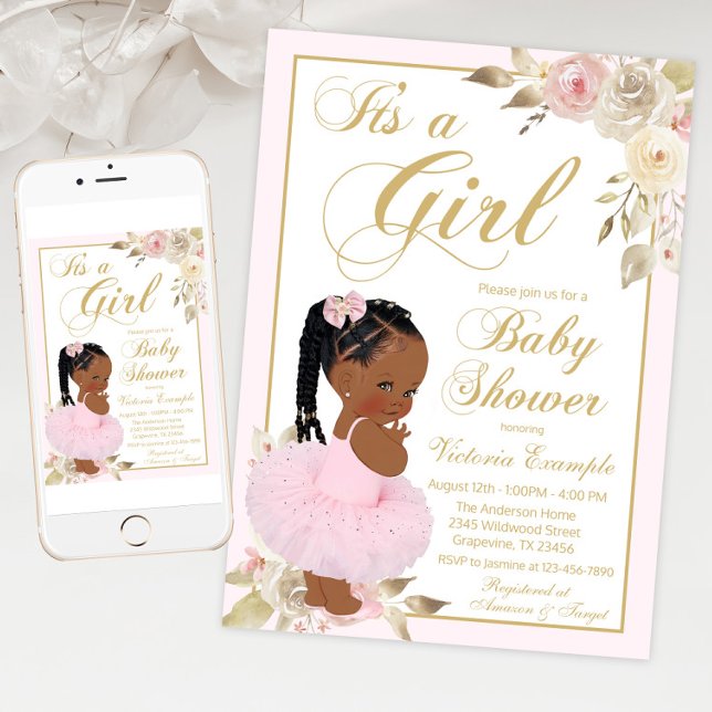 Pink Gold African Princess Tutu Baby Dusche Einladung (Braid princess baby shower invitation with cute baby girl wearing tutu on a pink gold floral back.)