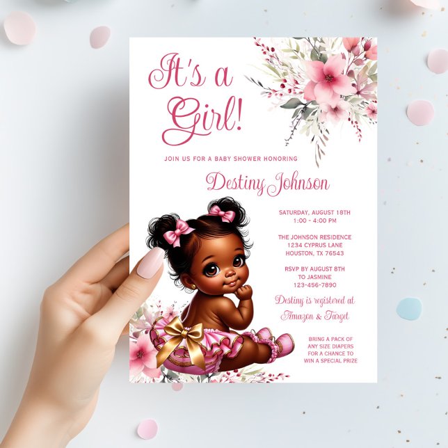 Pink Gold Afro Puff Ruffle Pant Girl Babydusche Einladung (Pink gold afro puff baby girl with pink and gold ruffle pants and wildflowers. So cute!)