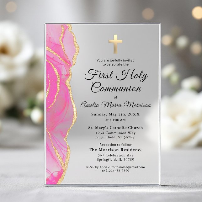 Pink Gold Agate First Holy Communion Girl Acryleinladungen (Von Creator hochgeladen)