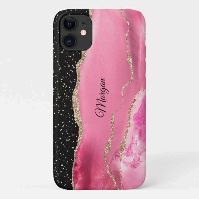 Pink & Gold Agate, Gold Stars und Name des Drehbuc Case-Mate iPhone Hülle (Rückseite)