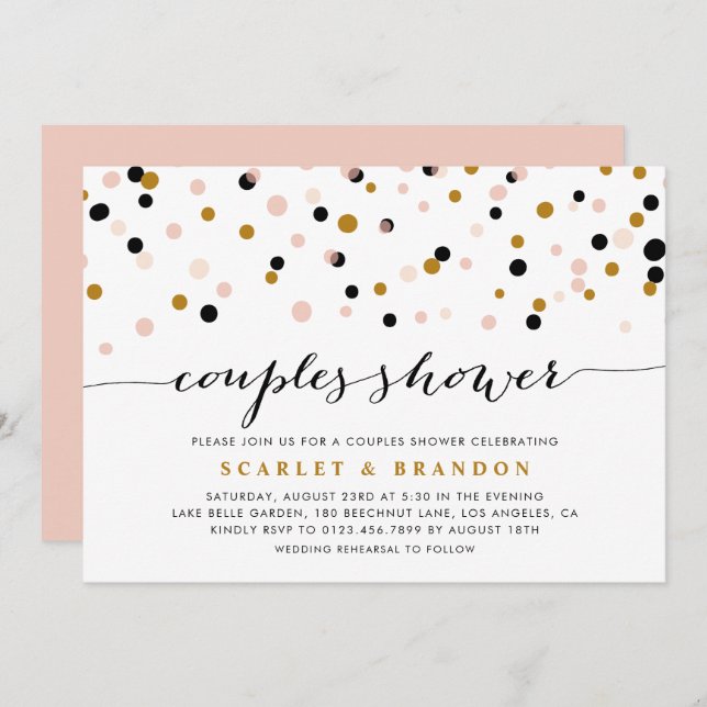 Pink, Gold and Black Confetti Dots Couples Shower Einladung (Vorne/Hinten)
