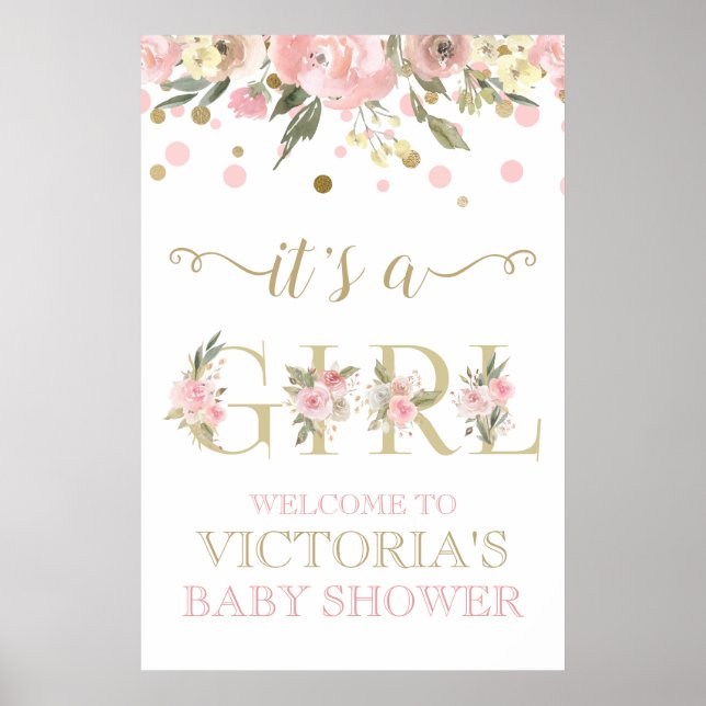 Pink Gold Aquarell Bläserne Babydusche Zeichen Poster (Vorne)