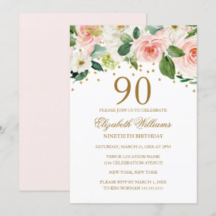 Pink Gold Aquarell Floral 90. Geburtstag Einladung