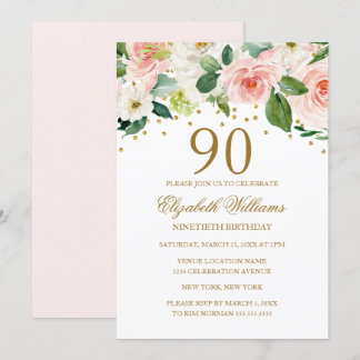 Pink Gold Aquarell Floral 90. Geburtstag Einladung