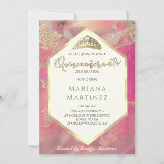 Pink Gold Aquarellfarbe geometrische Quinceañera Einladung
