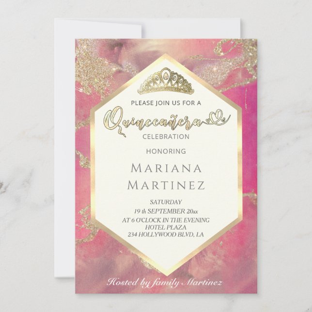 Pink Gold Aquarellfarbe geometrische Quinceañera Einladung (Vorderseite)