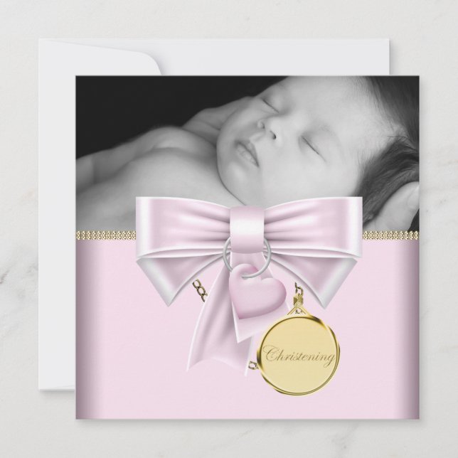 Pink Gold Baby Girl Foto Christening Einladung (Vorderseite)