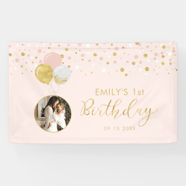 Pink & Gold Ballon 1. Geburtstag Foto Banner (Horizontal)