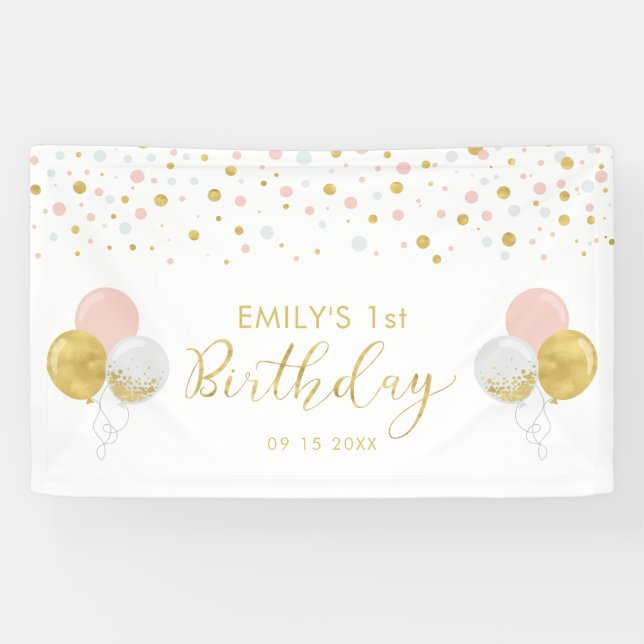 Pink & Gold Ballon 1. Geburtstagsbanner Banner (Horizontal)