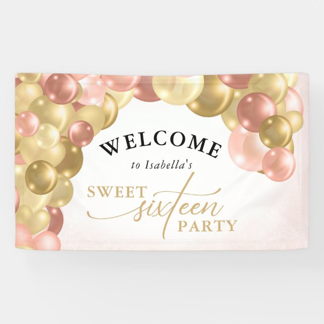 Pink & Gold Ballon Arch Sweet 16 Party Willkommen Banner (Horizontal)