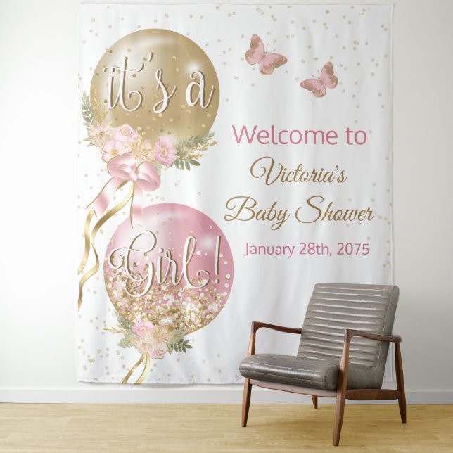 Pink Gold Ballon Girl Baby Shower XL Hintergrund Wandteppich (Beispiel)