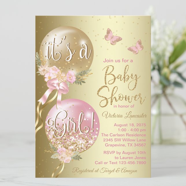 Pink Gold Balloons Butterfly Baby Dusche Einladung (Von Creator hochgeladen)