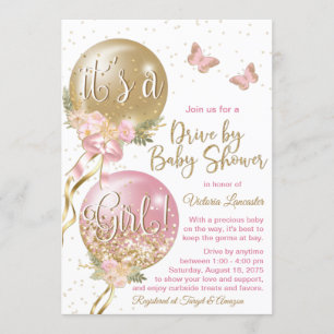 Pink Gold Balloons Butterfly Covid Baby Dusche Einladung